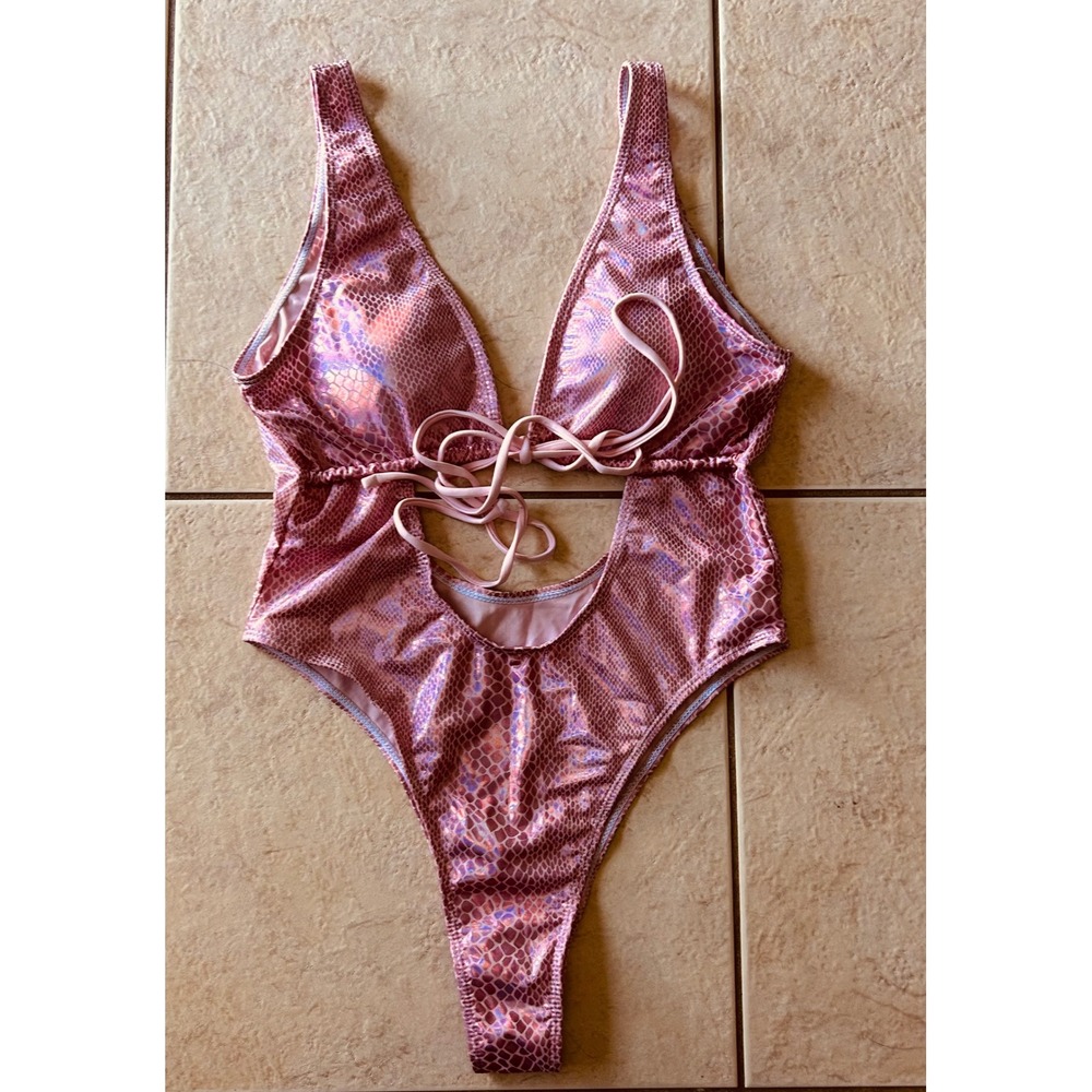 Metallic Pink Iridescent Snakeskin Cutout One Piece Swimsuit XL Womens Beach
